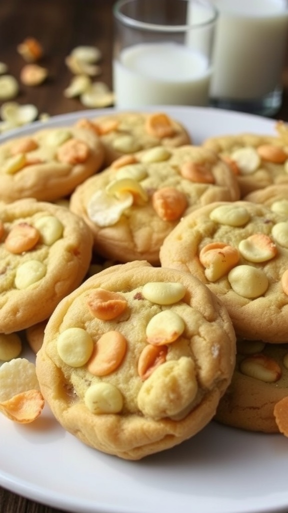 Chewy Potato Chip Cookies Recipe A plate of warm potato chip cookies, golden edges, gooey centers, with a glass of milk.